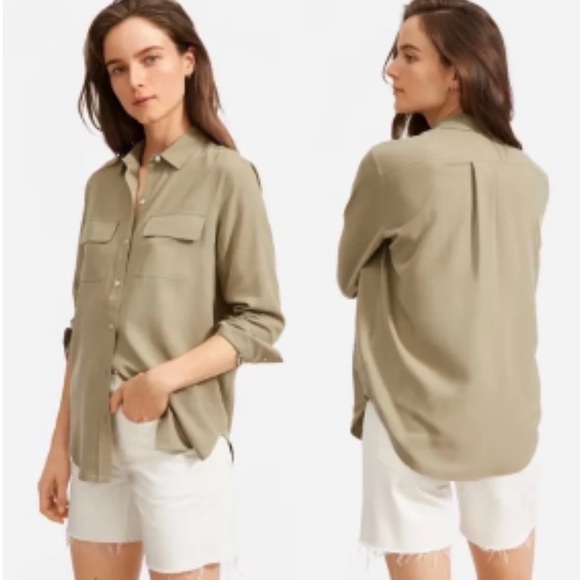 Everlane The Washable Silk Relaxed Button Down Shirt Covert Green Size 14 - Picture 3 of 8